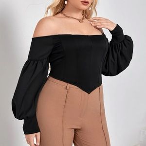 Plus Solid Bishop Sleeve Off The Shoulder Crop Top 4X